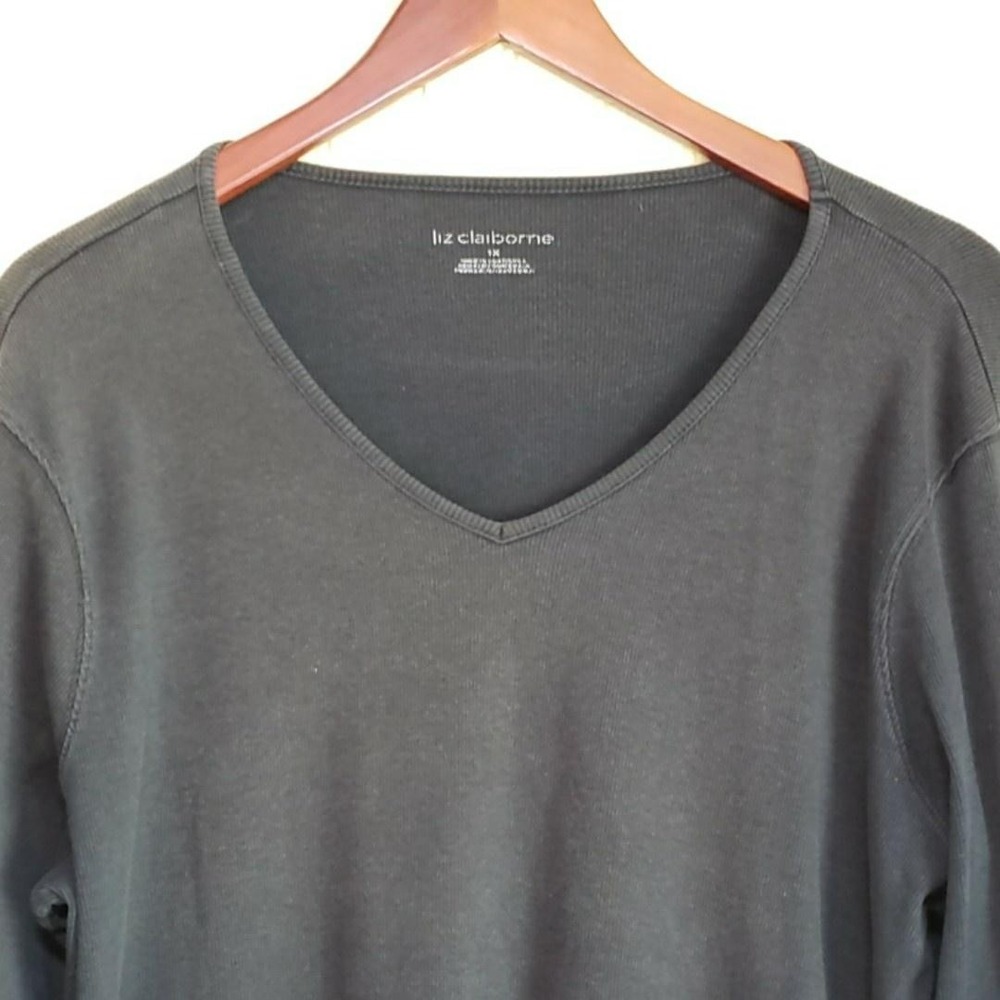 Liz Claiborne Shirt Womens Plus 1X Black V Neck 3/4 Sleeve Stretch Knit Top